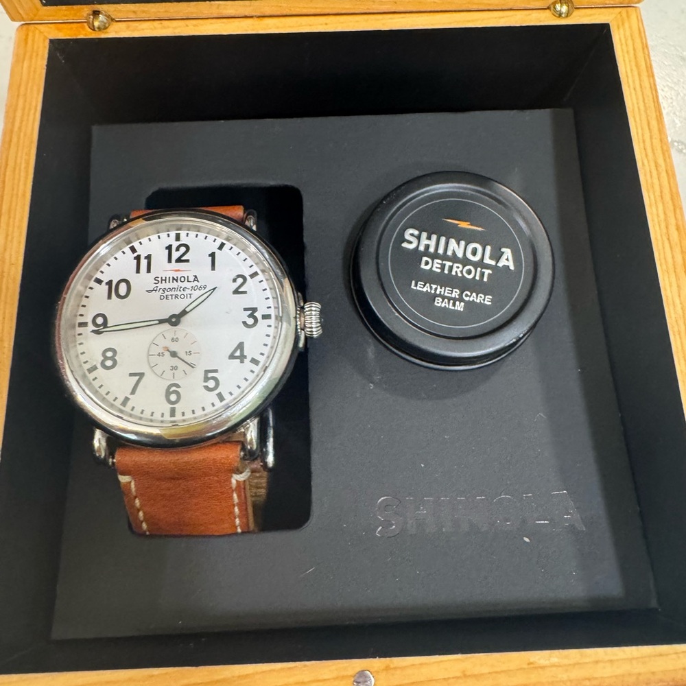 Shinola Silver and Brown Leather Watch